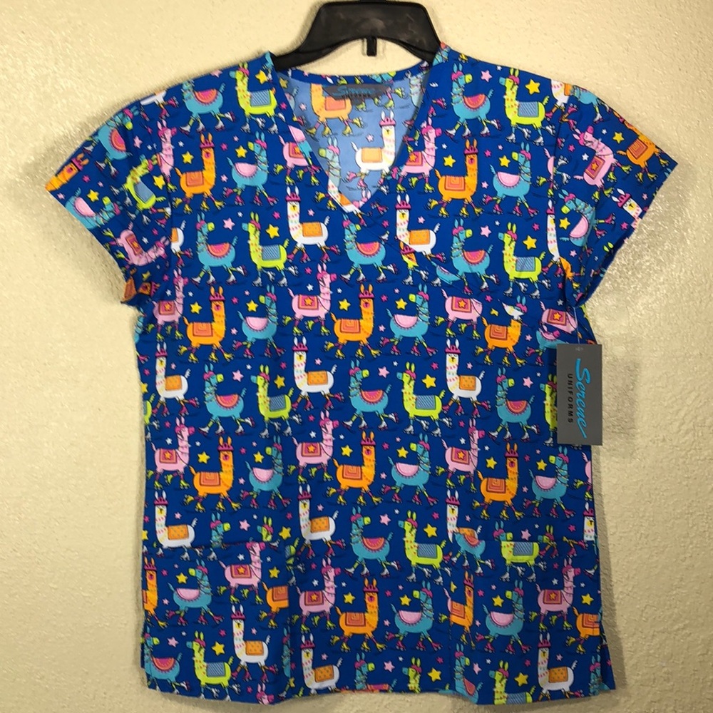 Serene Uniforms Nurse Scrubs Top Blouse XS Blue with Llamas Pullover V-neck